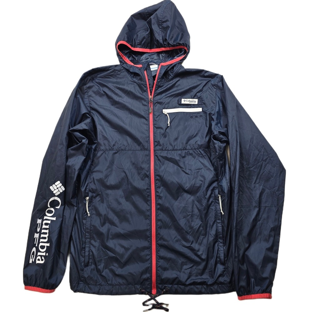 Columbia PFG Windbreaker Jacket Men's Small Navy Red Lightweight Hooded